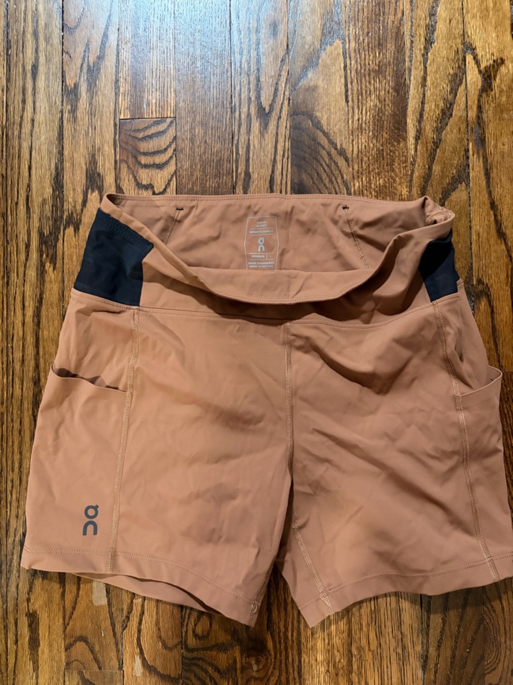 On Running Women's Rust Tan Athletic Shorts with Black Waist Panels